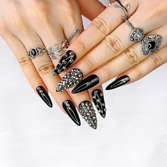 Morily 24pcs Fake Nails Black with Rhinestones Luxury Pure Color Medium Long Stiletto Almond Press on Nail False Tips Artificial Finger Manicure for Women (Glossy Crystal)