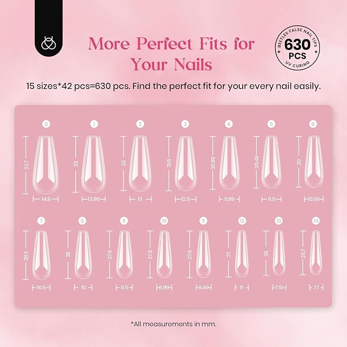 Beetles Gel Nail Tips Upgraded 15 Sizes Long Coffin Nail Tips 630Pcs Pre-Shaped Clear Full Cover False Nails Easy Nail Extension for Gel Polish Gift for Women