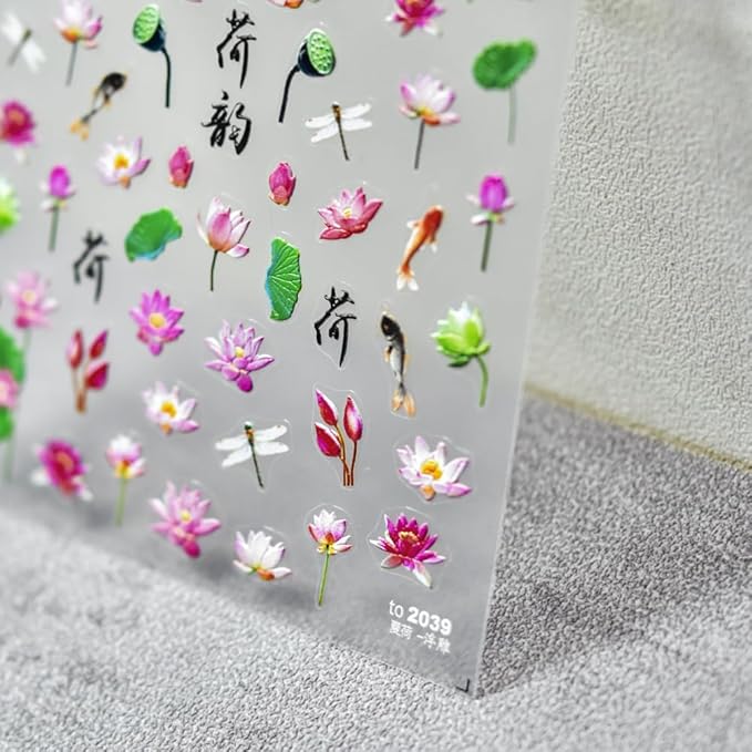 Lotus Flowers Nail Art Stickers 5D Nail Decals Embossed Self Adhsive Sticker for Women Girls DIY Spring Nails Manicure Salon (Lotus Pond)