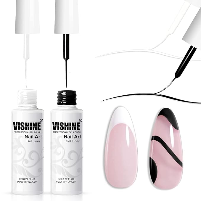 Vishine Gel Polish Nail Art Gel Liner Set- 2 Classic White Black Colors Gel Art Paint for Swirl Nails Euphoria Nail Built Thin Nail Art Brush in Gel Pens Soak off Nail Art Gel Polish Kit