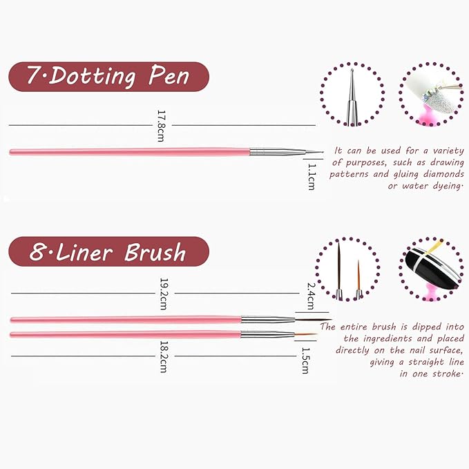 15 Pcs Nail Art Acrylic Brush Set Painting Pen Art Salon Brush Tools Nail Decoration Kit (Pink)