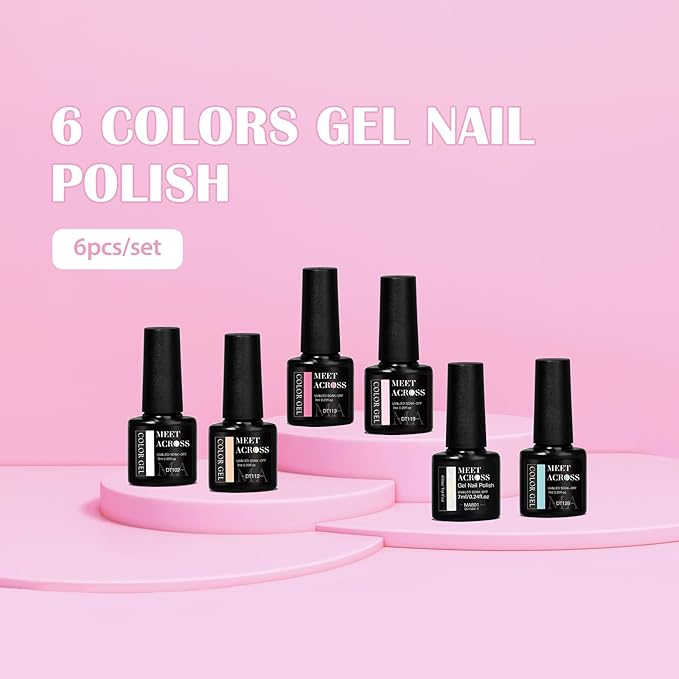 MEET ACROSS 5 Colors Gel Nail Polish with Glitter Gel Top Coat, Shimmery Nail Gel Polish Black White Pink Sky Blue Nail Polish Set Manicure DIY Home Salon 6Pcs*7ml