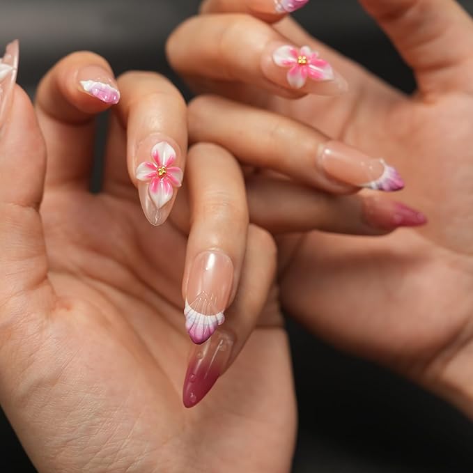 Flower Press on Nails Medium Almond - 3D Water Ripple Pearl False Nails with Floral Embossed French Tip ，Luxury Handmade Nail Art ，Glossy Thick Acrylic Fake Nails (10PCS)
