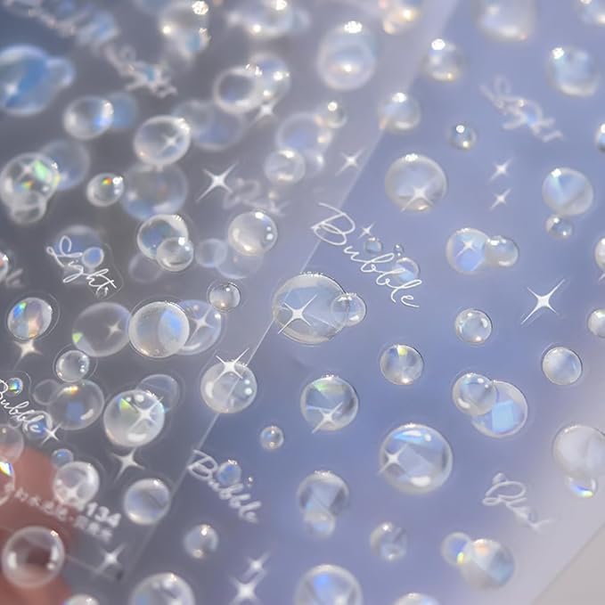2Sheets Holographic Bubble Nail Art Stickers, Iridescent Circle Design Decals, Translucent White