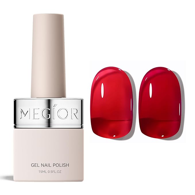 MEGIOR Jelly Red Gel Nail Polish 0.5 Fl Oz Red Transparent Colors Soak Off UV LED Lamp Light Cure Gel Polish Kit for Salon and Nail Art Starter Manicure DIY at Home