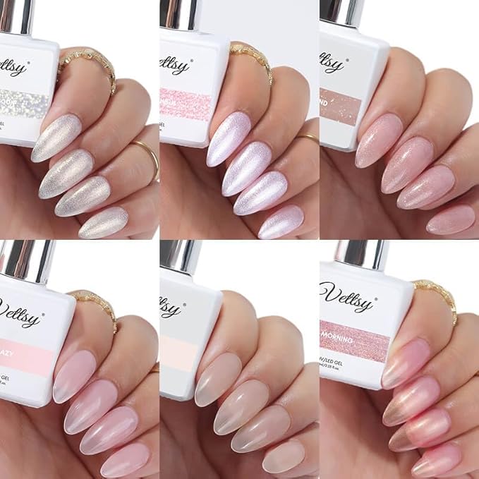 vettsy HEMA-Free Pink & Shimmer Gel Nail Polish Set - 6 Elegant Long-Lasting Soak-Off UV/LED Gel Polishes - Vegan, Cruelty-Free & Allergy-Friendly for Radiant Nails