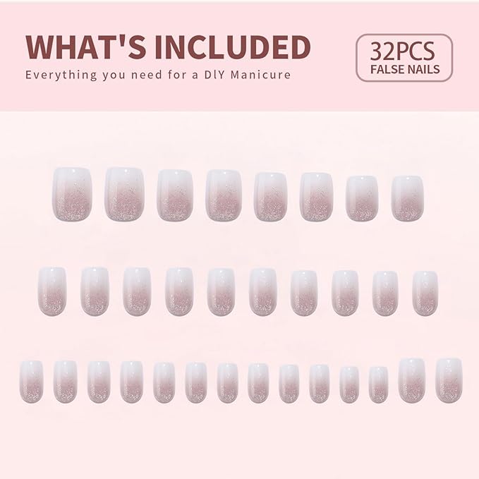 White Gradient Press on Nails Luxurious Thickened Short Square Shaped False Nails with Silver Glitter Designs French Fake Nails Full Cover Stick on Nails Sparkly Acrylic Nails for Women DIY Art 32 Pcs