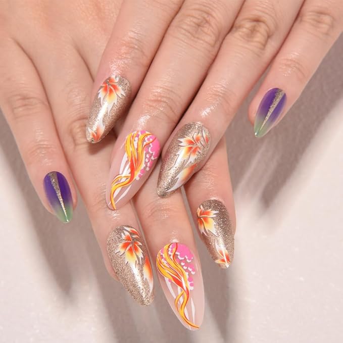 evpct Fall Press on Nails Medium Almond Maple Leaf Design, Purple Blue Green Ombre Sparkle Glitter Silver Glossy Fake Nail Kit for Women Girls, 24Pcs Perfect Fit Reusable Stick on Nail Press ons