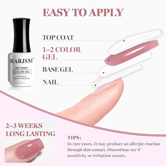 RARJSM Rosy Pink Fiber Glass Rubber Base Nude Sheer Jelly Glassy Amber Gel Nail Polish for Repair Broken Nails Strengthener Base Color Brush on Building Gel in a Bottle Curing Requires 15ml
