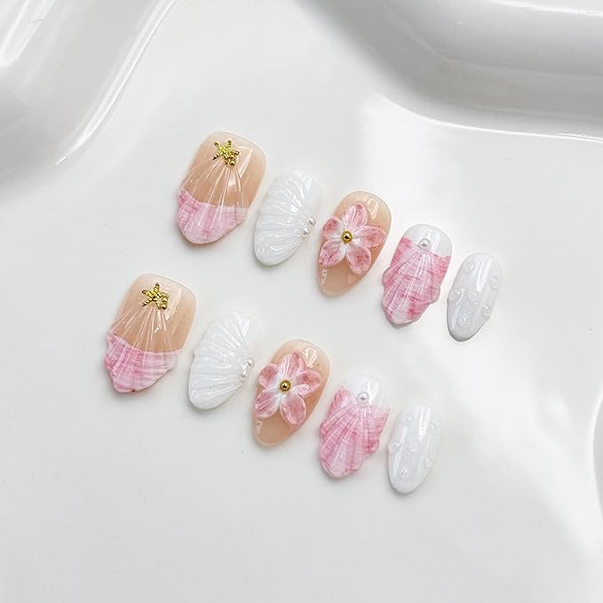 10 Pcs Short Almond Handmade Press on Nails with Glue,Luxury False Nails with 5D Flower Design Muti-Layer Gel False Nails Pink Reusable Acrylic Thick Nails Handmade Nail for Women(Size S)