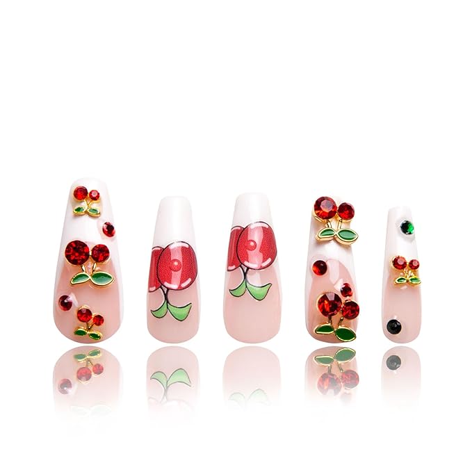 LOVFUL Press on Nails My Sweetie French Tip | Handmade with Full Covered Crystals | Reusable Full Cover Nails | Coffin Classic Regular 1.3 in | H162-S