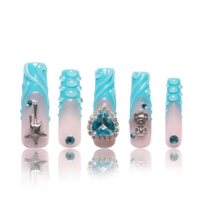 LOVFUL Press on Nails The Heart of the Ocean| Handmade with Full Covered Crystals| Reusable Fake Nails| Square Mid length 1.7in| H254-L