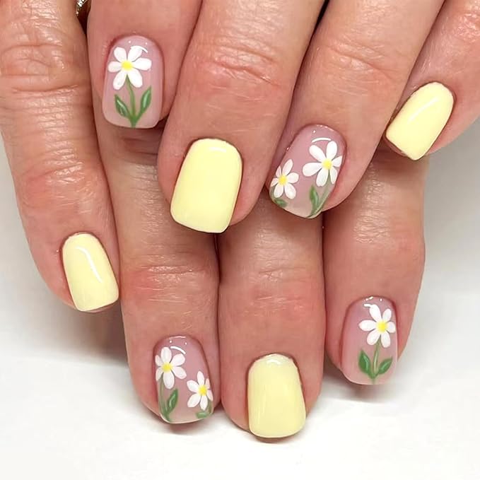 Short Press on Nails Square Fake Nails with Designs Flower Artificial Nails Yellow False Nails Summer Acrylic Nails Press ons Glossy Full Cover Stick on Nails for Women Girls 24Pcs