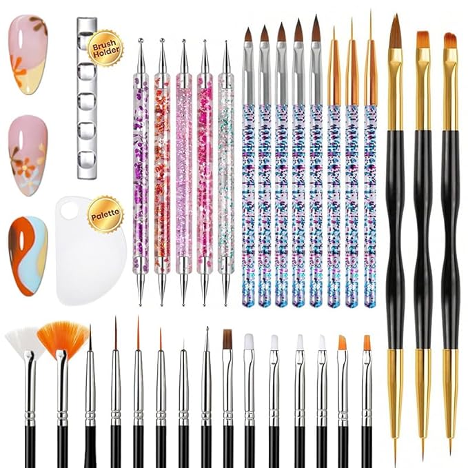 BORN PRETTY 33pcs Nail Art Brushes,Double-ended Dotting Tools,Nail Art Tool Set,Striping Brushes for Long Lines,Fingernail Drawing Pens with Palette Holder All in One for Beginners and Salon Home Use