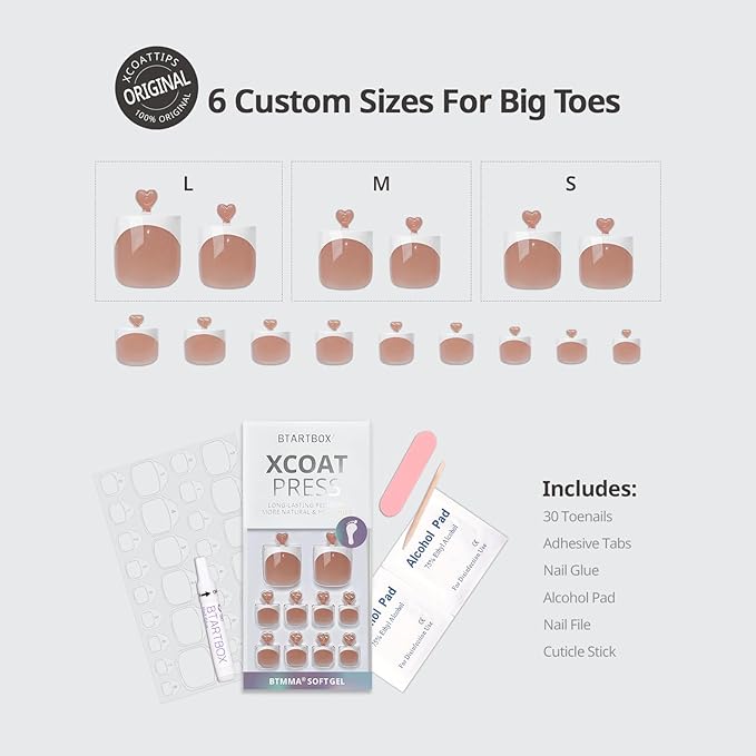BTArtbox Press On Toenails - Lamp-Curable Sharp Square Toe Nail Press Ons with Glue for Women, Semi-Transparent Fake Toe Nail Tips with French Tip in 15 Sizes - 30 Toenails Kit, Exude Elegance