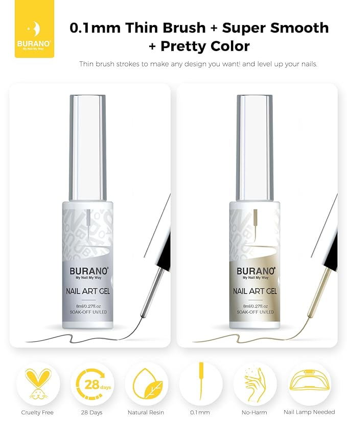 BURANO Silver Gold Metallic Gel Nail Polish Liner Nail Art Polish, 3D Painted Mirror Chrome Painted Gel Nail Design Polish 2 Bottle 8ml Chrome Nail Polish Curing Required LX33 LX32