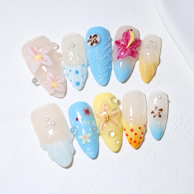 10Pcs Medium Almond Handmade Press On Nails | Tropical Ocean Theme with 3D Flowers, Seashell & Pearl Decor | Easy to Apply, Remove & Reusable, Salon-Quality (A009, M)