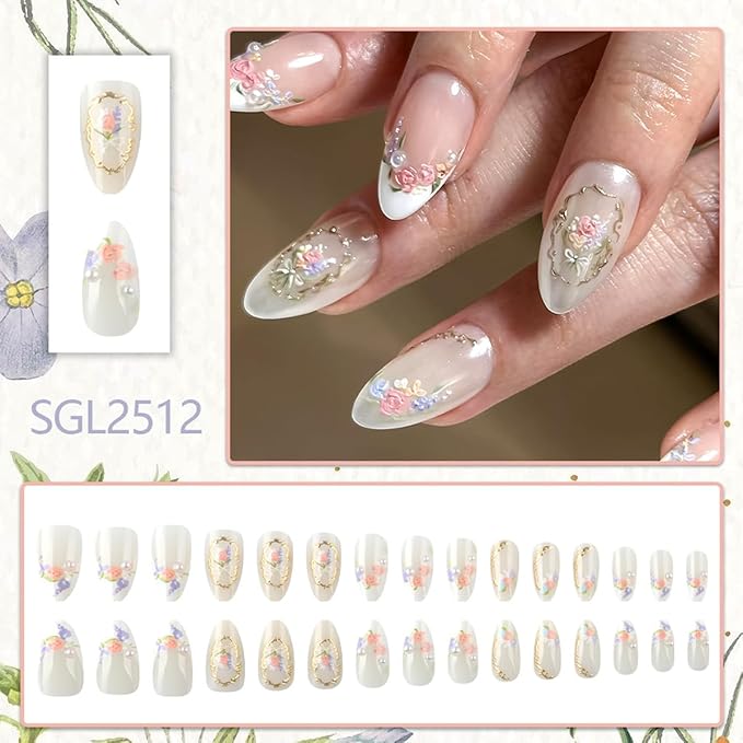 Almond Press on Nails - Short Fake Nails with Flower & Golden Frame Design, White French Tip False Nails, Glossy Acrylic Full Cover Stick on Nails for Women Manicure 30Pcs