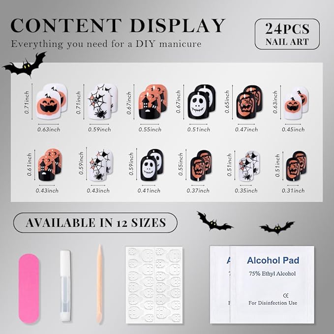 Halloween Press on Nails Petite Short Square with Horror Design, Extra Short Fake Nails Skull Face Pumpkin False Nail with Castle & Bat Designs, Full Cover Glossy Stick on Ghost Nail for Women Girls