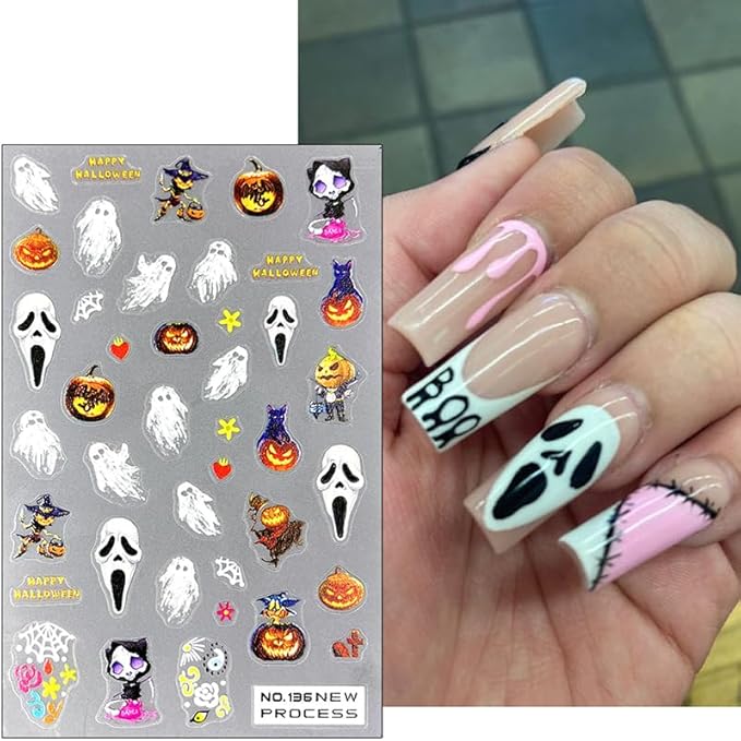 Halloween Nail Stickers Decals 3D Horror Spooky Devil Ghost 3D Self-Adhesive Nail Designs Gothic Ghost Pumpkin Skull Skeleton Halloween Nail Decals for Women Girls DIY Manicure Horror Nail Decoration