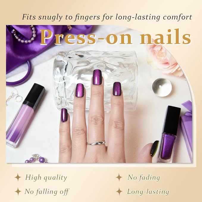 evpct Purple Cat Eye Press on Nails Short Square, Short Square Stick on Fake Nails for Women Gift, Dark Purple Metallic Glitter Glossy Reusable Soft Gel Stick Press on Acrylic False Nail with Designs