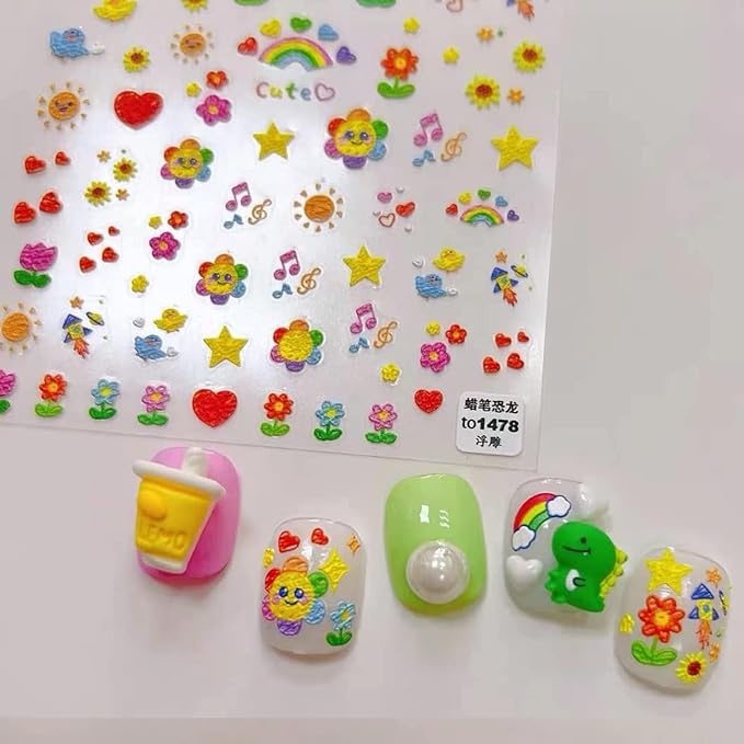 New Sunflower Nail Art Stickers Decals Candy Color Cartoon Sun Flower Colorful Flower Embroidery Self-Adhesive Nail Stickers Cute Nail Stickers Nail Art Decoration (3 Pieces)