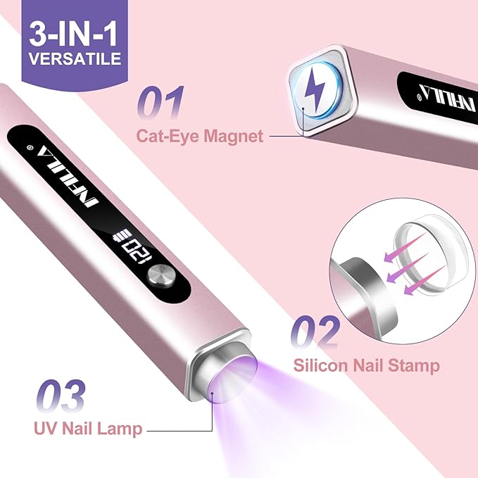 NXJ INFILILA Multi-Functional Handheld UV Light for Gel Nails with Cat Eye Magnet - Portable Flash Cure Nail Lamp for French Manicures, Detail Work, Type-C Cordless for Travel & Home Use(Pink)