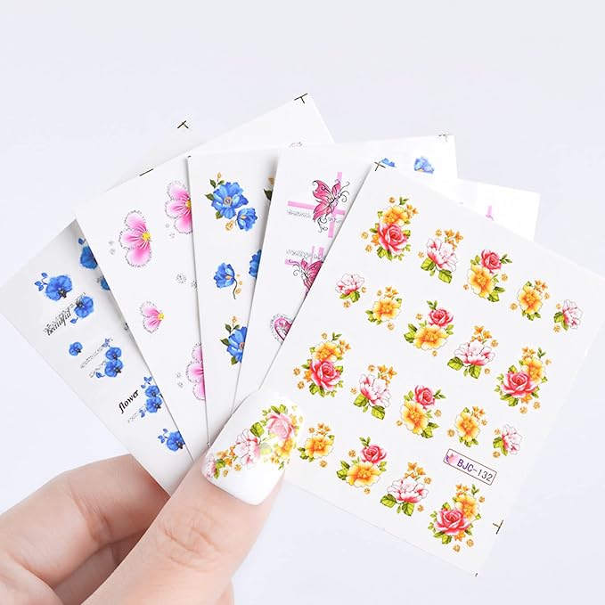 55 Sheets Flowers Nail Art Stickers, Holographic Floral Butterfly Bird Nail Art Decals, Small Flower Water Transfer Nail Decal Designs Supplies for Women Girls Manicure Decorations Nail Sticker Set
