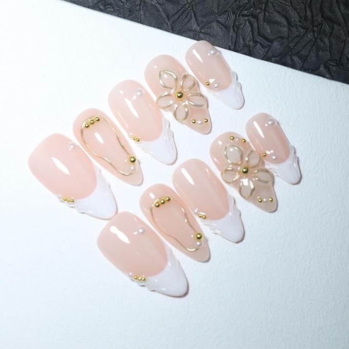 10 Medium Almond Handmade Press On Nails | Romantic Nude Pink French Tip Fake Nails with 3D Floral, Gold Line & Pearl Accents | Easy Apply & Remove, Reusable Salon Quality Nails (5U13, M)