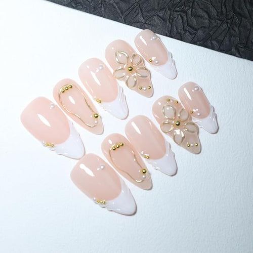 10 Medium Almond Handmade Press On Nails | Romantic Nude Pink French Tip Fake Nails with 3D Floral, Gold Line & Pearl Accents | Easy Apply & Remove, Reusable Salon Quality Nails(5U13, S)