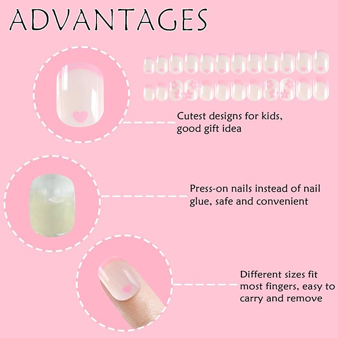 Laza 72pcs Children Nails Press On Pre-glue Full Cover White Pink Heart Flower Short False Nail Kits for Kids Teenager Girls - French Manicure