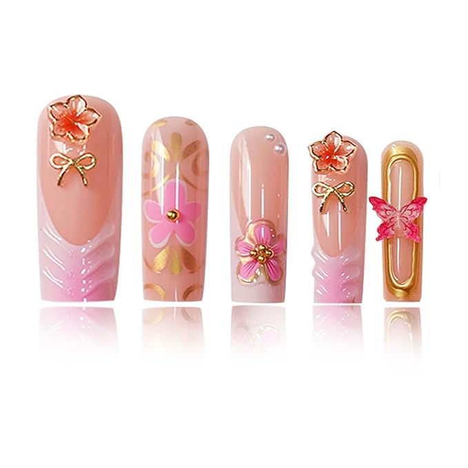 Long Square Press on Nails White French Tip Fake Nails Pink Gradient Glue on Nail with Golden Glitter Swirl 3D Flower Design Acrylic Nail 24Pcs Glossy Stick on False Nails for Women