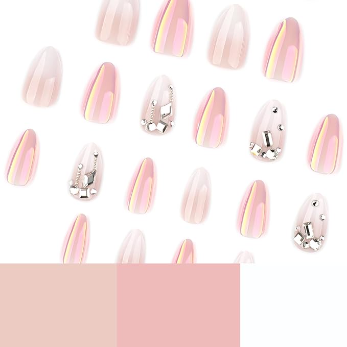 Press on Nails Almond - Ombre White Fake Nails with Rhinestone Design - Medium False Nails Press ons - for Women 24 Pcs