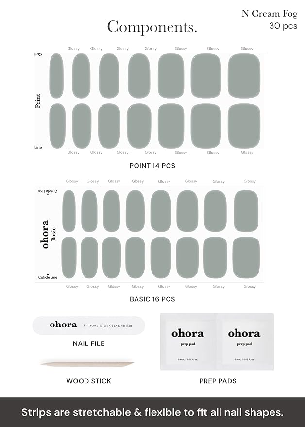 ohora Semi Cured Gel Nail Strips (N Cream Fog) - Green, Solid, Works with Any UV/LED Lamps, Salon-Quality, Long Lasting, Easy to Apply & Remove - Includes 2 Prep Pads, Nail File & Wooden Stick