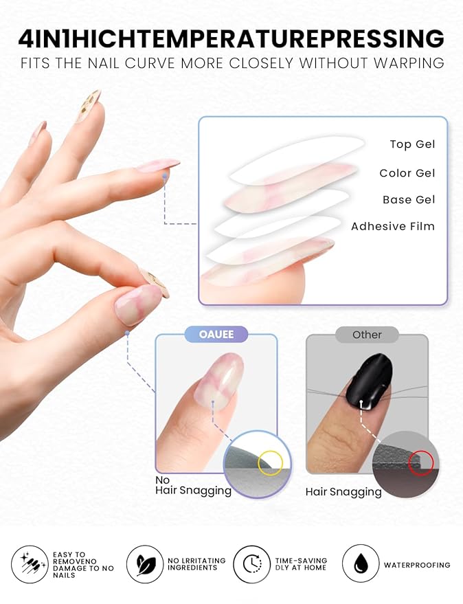 Semi Cured Gel Nail Strips | Built-In Gel Top Coat | UV Light Required | Salon Quality, Easy Application And Removal (Gilded Marble Dream）