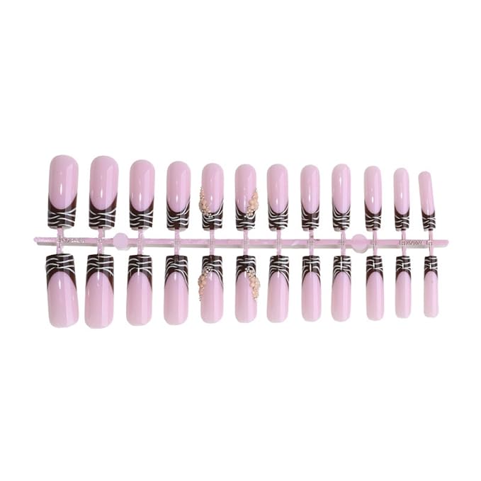 Long Square Press on Nails Fake Nails Artificial Nail Stick on Nail for Women Light Pink & Brown Nails with White 3D Flowers, Silver Accents and Striped Edges