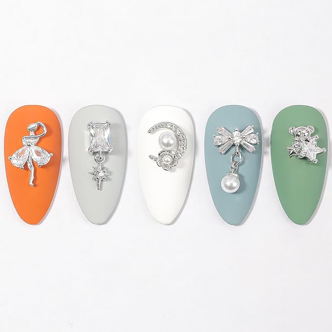 HNUIX Nail Charms and Gems - Silver Copper Zircon, Multiple Shapes 3D Dangle, Metal Luxury Jewelry Rhinestones for Nails 14 Pieces
