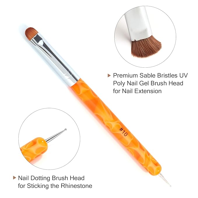 French Manicure Brush - Two Way Nail Art Brush with Dotting Tool for Manicure Cuticle Clean Up - Professional Salon Quality, Nail Dotting Pen (10#, Orange)