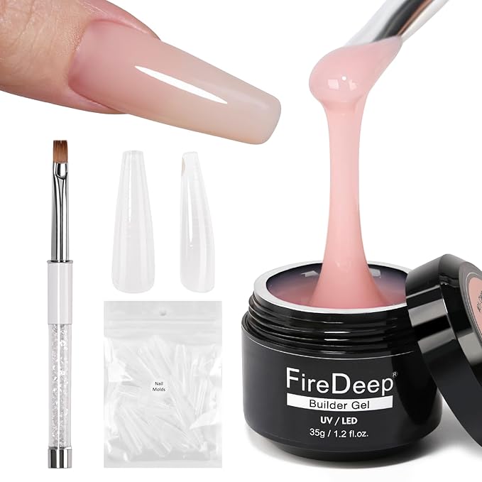 3 in 1 Builder Gel Kit for Nails, 1.23 Oz Nude Strengthener and Extender Gel for Long, Strong Nails for Professional Nail Salon Home DIY With Clear Nail Tips Model and Brush