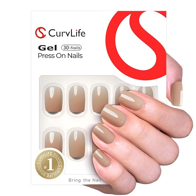 CurvLife Short Square Press On Nails, Valentine's Day Gifts Soft Gel Salon Quality Fake Nails, Nude Beige Solid Color Design, Reusable Full Cover Press Ons for Women