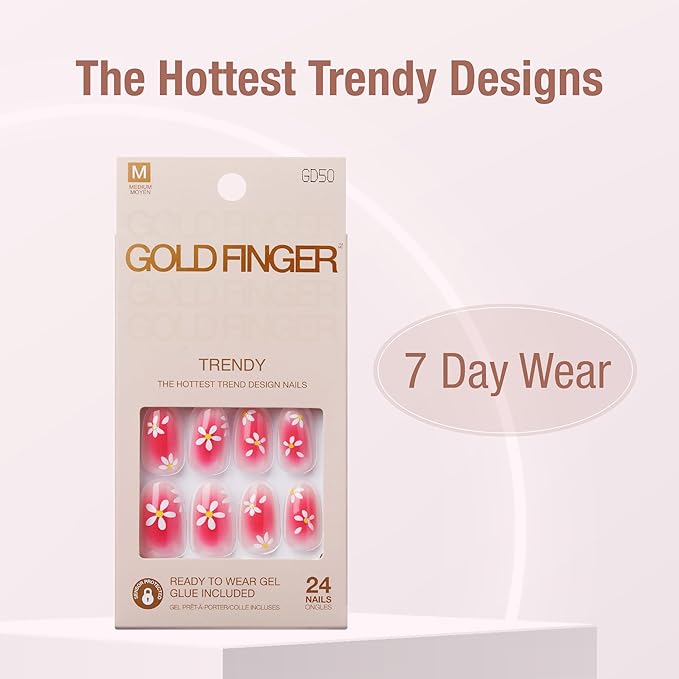 GoldFinger 24 Pcs Press On Nails,Medium Oval Fake Nails, Pink Flower Aura Gel Stick On Extensions, Reusable Full Cover False Nail Kit with Glue, Manicure Stick & File, 7 Day Long Lasting Wear
