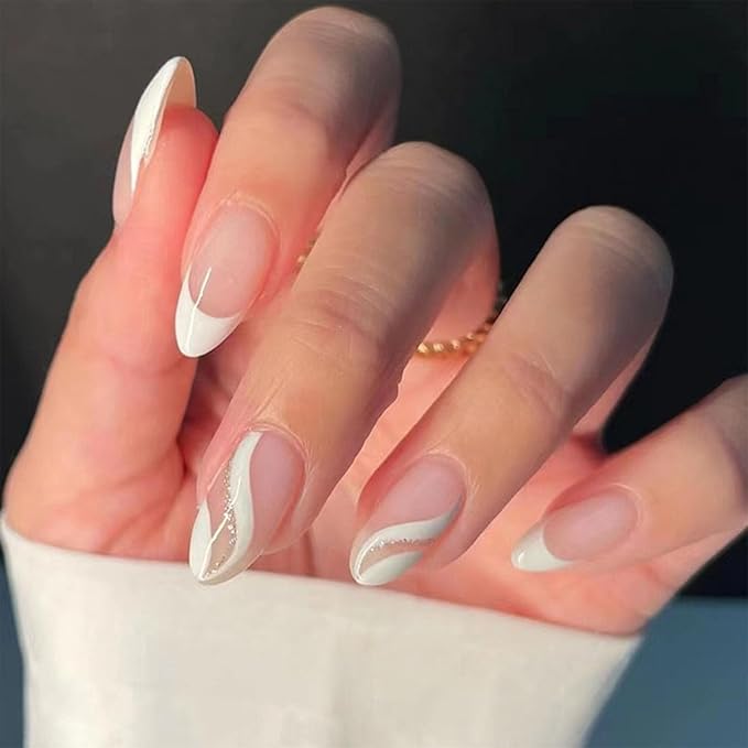 French Tip Press on Nails Almond Medium Fake Nails White French Tip False Nails with Glitter Swirl Design Glossy Full Cover Acrylic Glue on Nail Artificial Stick on Nails for Women Manicure 24Pcs