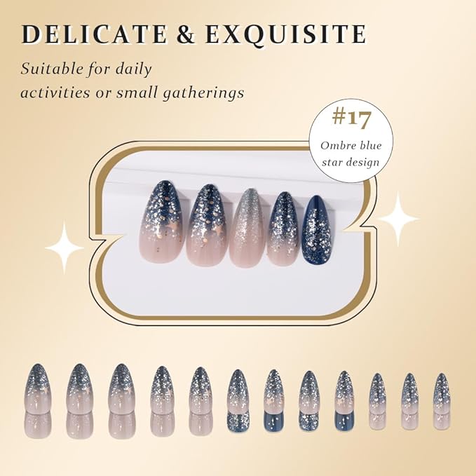 evpct Ombre Blue Press on Nails Medium Almond, Blue Fake Nails with 3D Stars Design, Reusable Perfect Fit Press ons Short False Nail for Women Manicure, Ombre Fake Nail Kit with Kits Gel Stick, 24Pcs