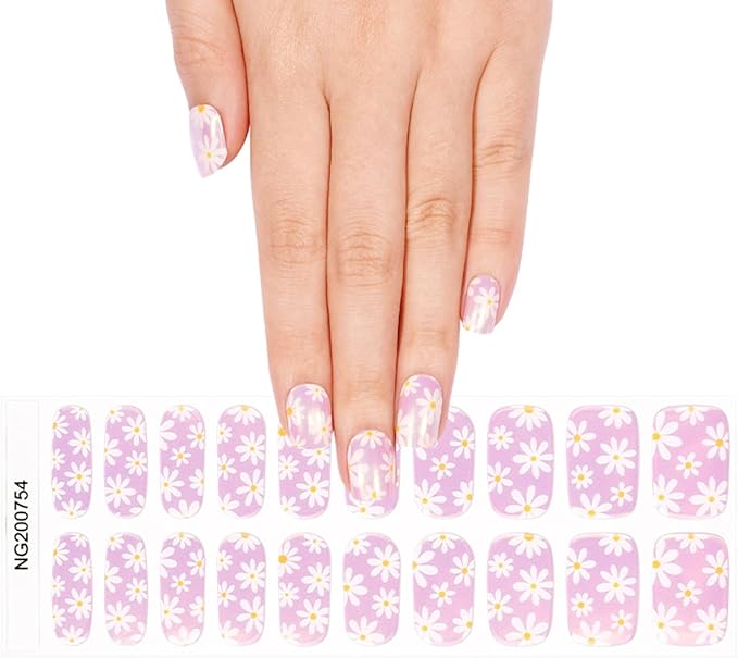 Spring Semi Cured Gel Nail Strips - 20Pcs Flower UV Gel Nail Wraps with Aurora Design, Long Lasting Salon-Quality Stickers, Includes Nails File & Wooden Stick - UV/LED Lamp Required
