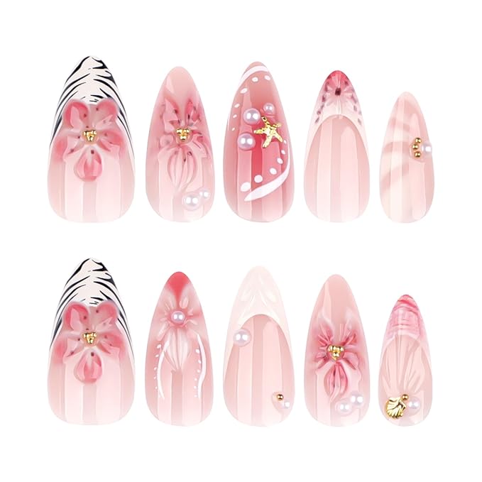 Almond Press on Nails Medium - French Tip Fake Nails with 3D Flower Rhinestone Design - Pearl False Nails Press Ons- for Women Manicure 24 Pcs