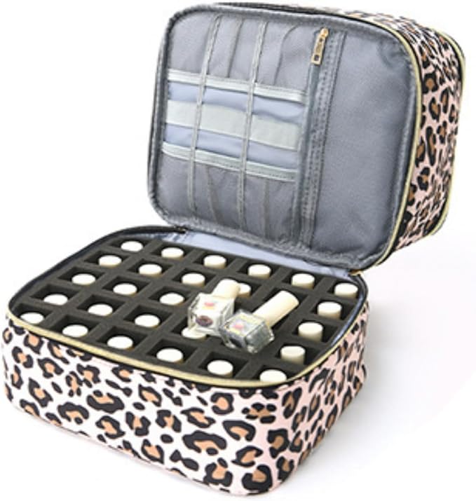 Nail Polish Organizer Aesthetic Nail Organizers and Storage, Bow Nail Supplies Kit Organizer Travel Carrying Case for Manicure Tools (Leopard B, 2 Layer)