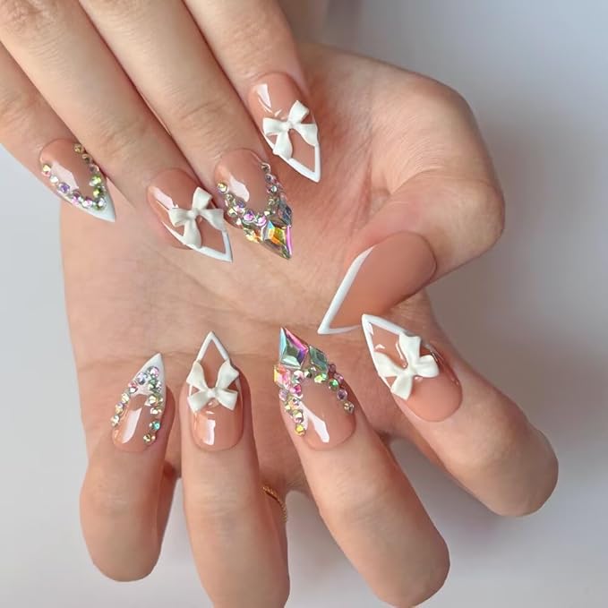 Press on Nails Handmade Medium Length Almond Fake Nails, 3D French Salon Bow Design False Nails, 10 Pcs Reusable ABS Material Nail Tip Artificial Nails for Women (Size S)