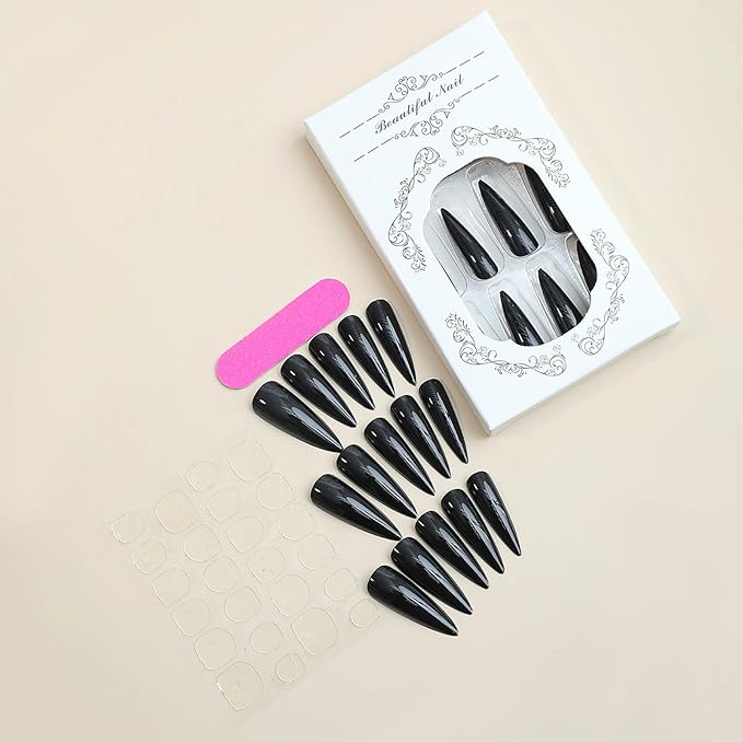RTKHFZE Black Press on Nails Stiletto Shape Glossy Fake Press on False Nails Acrylic Nails Artificial Nails 24pcs Gift for Women and Girl