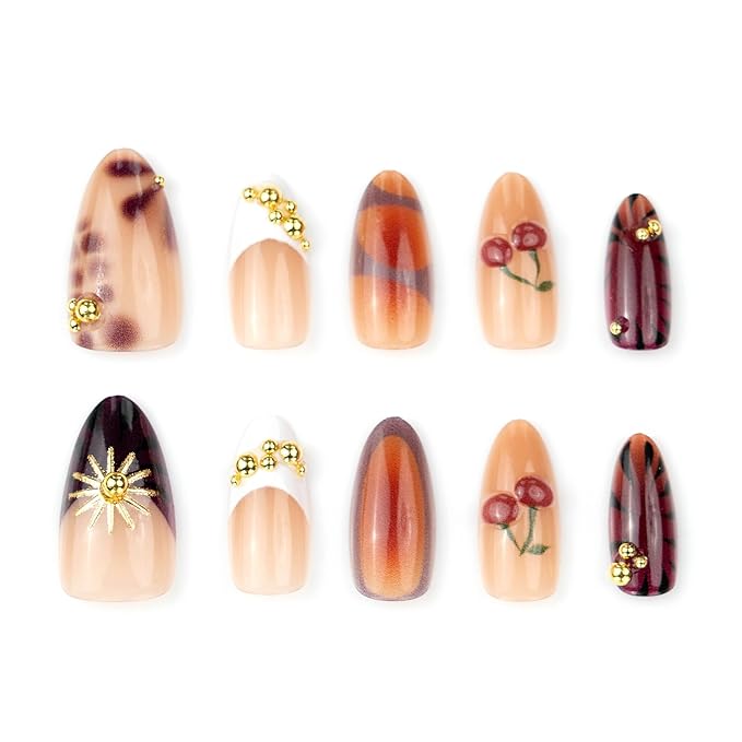 Almond Press on Nails Medium Fake Nails Red Artificial Nail Seeneey Cherry Gold Charm Designs Brown Stick on Nail for Women 24pcs