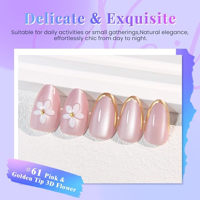 Spring Summer Nude Cat Eye Press On Nails, Short Almond Shape, 3D White Flower & Gold Line French Design, Salon Quality Reusable Acrylic Fake Nails for Women, Ideal for Parties & Daily Wear